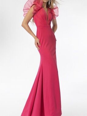 Elegant Pink Ava Presley Ruffle-Shoulder Evening Gown